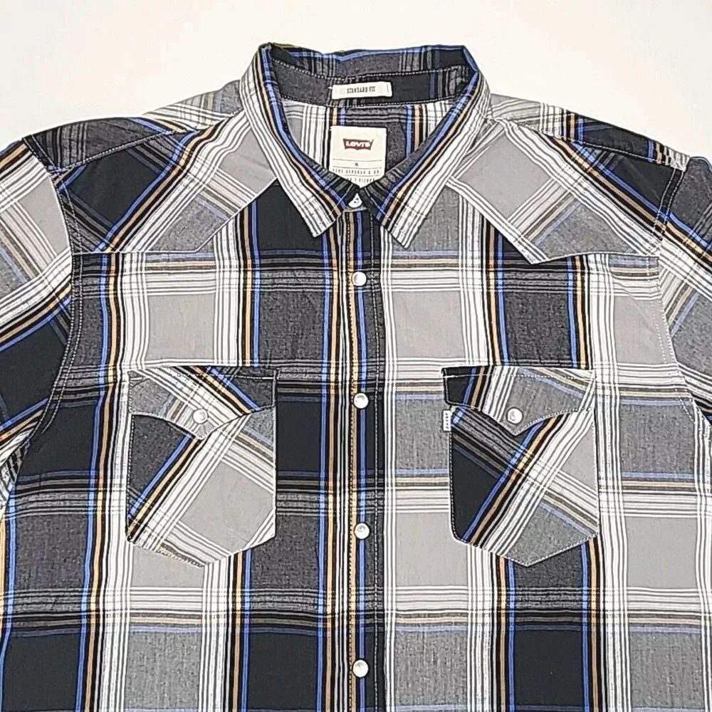Levi's Shirt Western Cotton Pearl Snap Blue Gray Plaid Men Sz XL Standard Fit